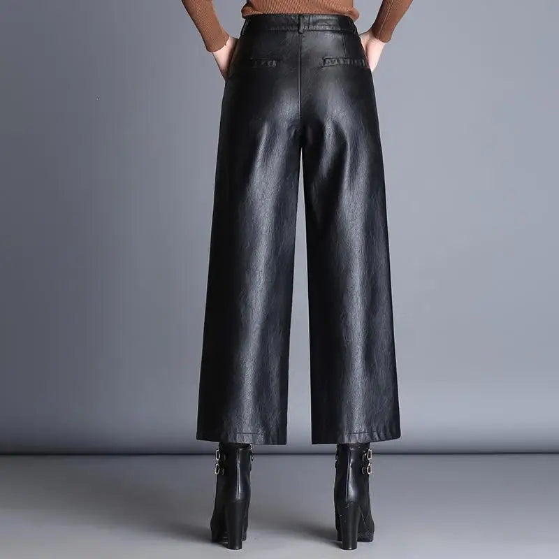 Plus Size Pu Faux Leather Wide Leg Ankle-length Pants Women Baggy Black Shiny High Waist Womens Loose Pant 2022 Korean Trousers