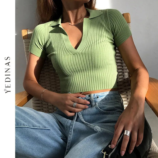 Heliar Women V-neck T-Shirts Y2K Tops Knitted Casual Polo Shirt Female Solid Cute Crop Tops Plain T-Shirt For Women 2024 Summer