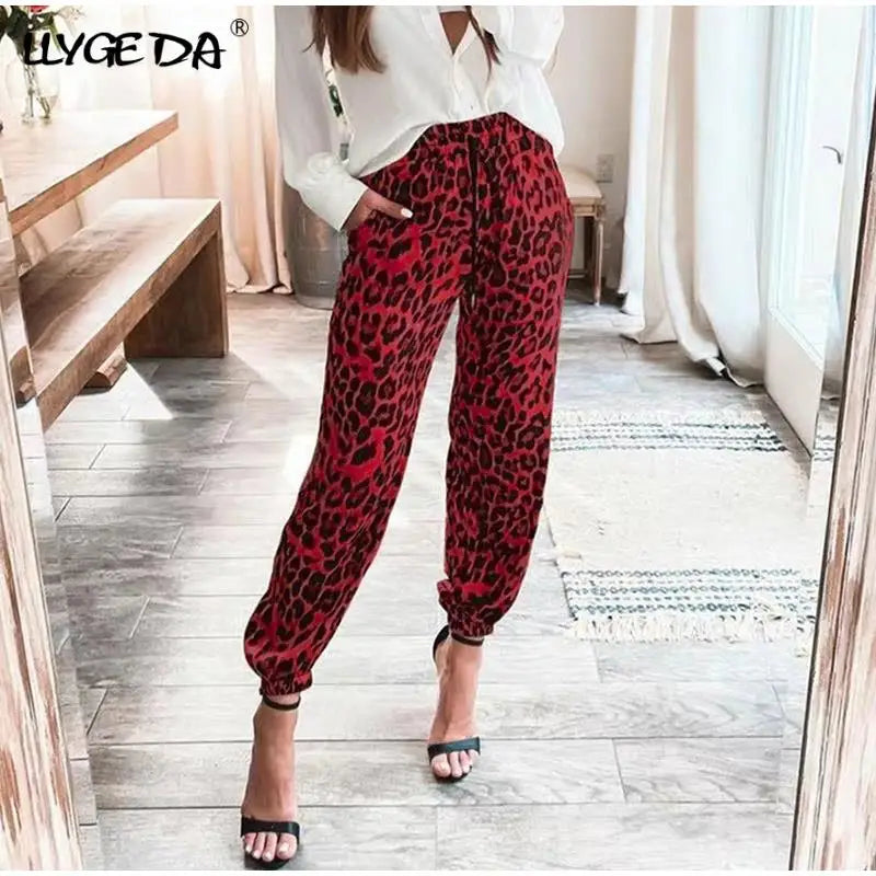 Leopard Print Women's Pants Elastic Waist Pocket Cropped Trousers Female 2021 Summer Autumn Fashion Loose Casual Ladies Pant