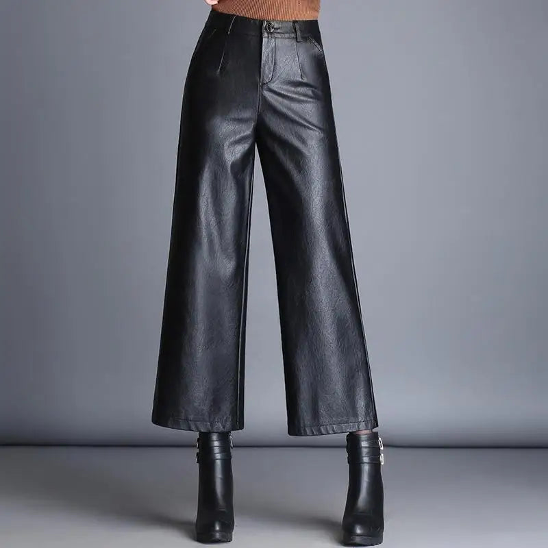 Plus Size Pu Faux Leather Wide Leg Ankle-length Pants Women Baggy Black Shiny High Waist Womens Loose Pant 2022 Korean Trousers