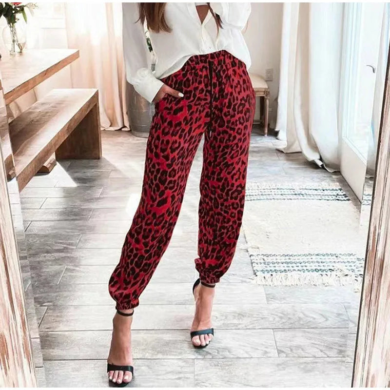 Leopard Print Women's Pants Elastic Waist Pocket Cropped Trousers Female 2021 Summer Autumn Fashion Loose Casual Ladies Pant