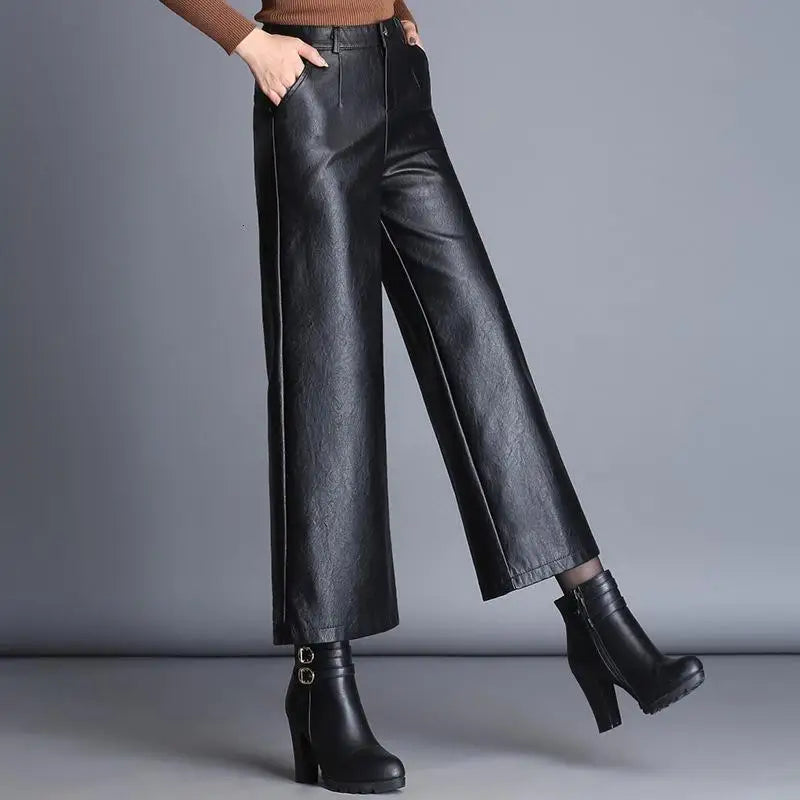 Plus Size Pu Faux Leather Wide Leg Ankle-length Pants Women Baggy Black Shiny High Waist Womens Loose Pant 2022 Korean Trousers