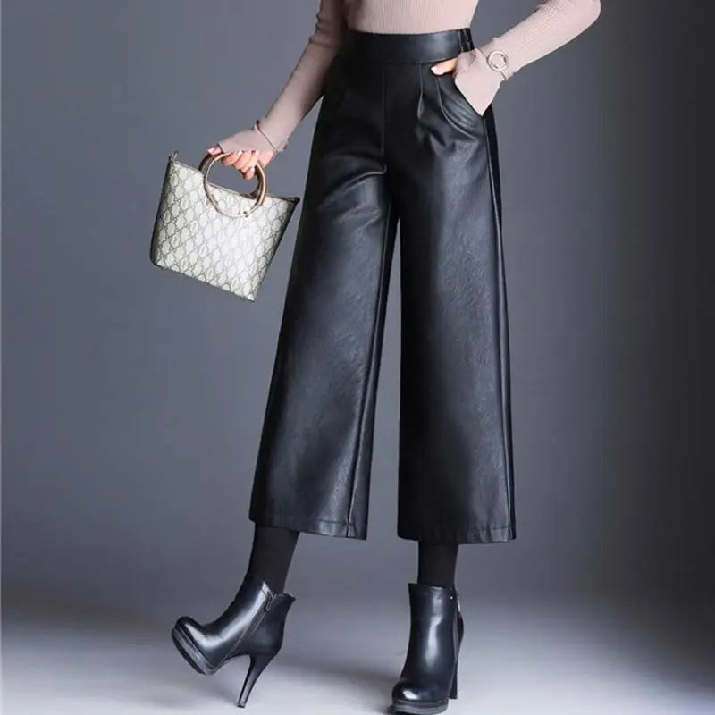 Plus Size Pu Faux Leather Wide Leg Ankle-length Pants Women Baggy Black Shiny High Waist Womens Loose Pant 2022 Korean Trousers