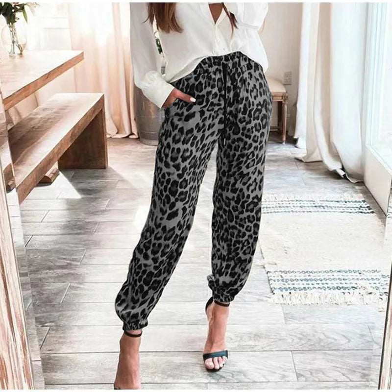 Leopard Print Women's Pants Elastic Waist Pocket Cropped Trousers Female 2021 Summer Autumn Fashion Loose Casual Ladies Pant