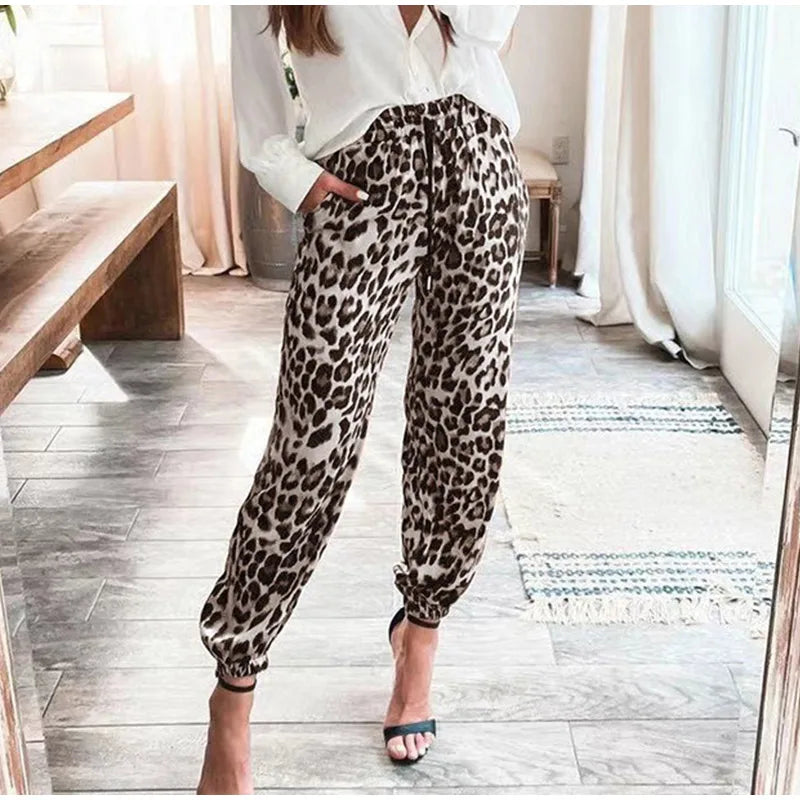 Leopard Print Women's Pants Elastic Waist Pocket Cropped Trousers Female 2021 Summer Autumn Fashion Loose Casual Ladies Pant