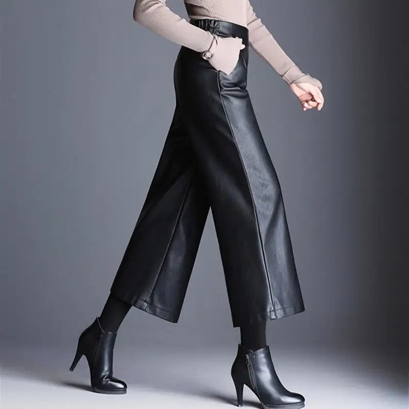 Plus Size Pu Faux Leather Wide Leg Ankle-length Pants Women Baggy Black Shiny High Waist Womens Loose Pant 2022 Korean Trousers