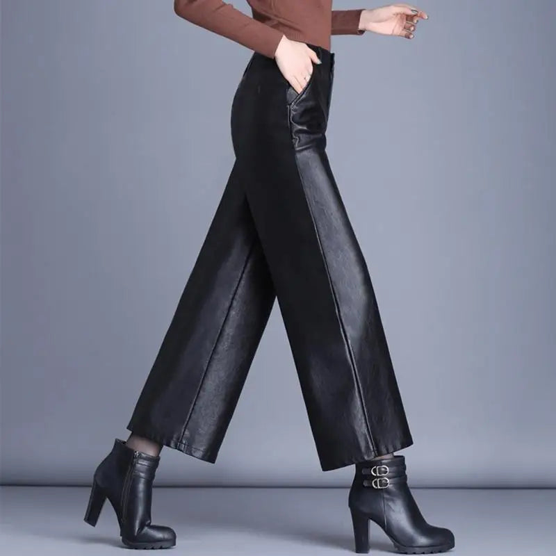 Plus Size Pu Faux Leather Wide Leg Ankle-length Pants Women Baggy Black Shiny High Waist Womens Loose Pant 2022 Korean Trousers