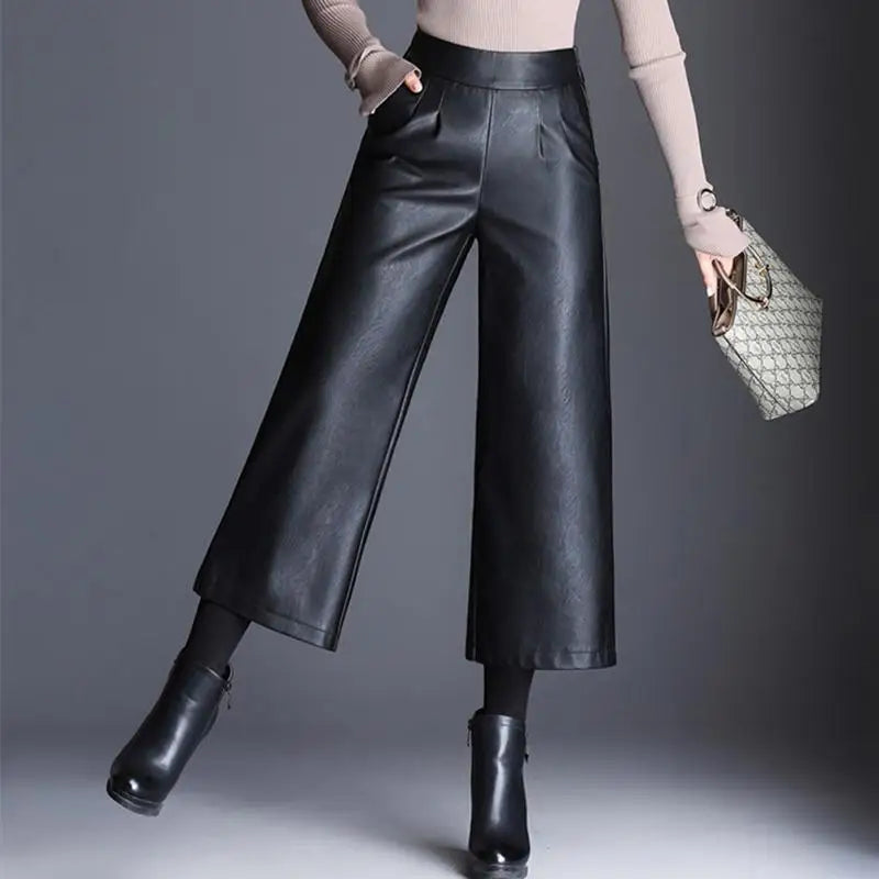 Plus Size Pu Faux Leather Wide Leg Ankle-length Pants Women Baggy Black Shiny High Waist Womens Loose Pant 2022 Korean Trousers