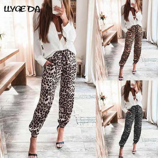 Leopard Print Women's Pants Elastic Waist Pocket Cropped Trousers Female 2021 Summer Autumn Fashion Loose Casual Ladies Pant