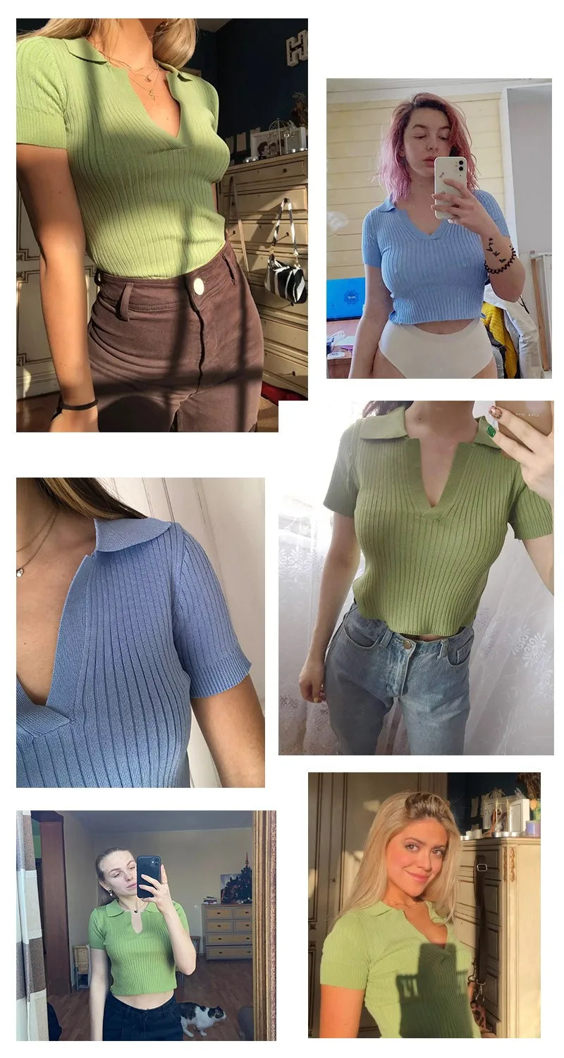 Heliar Women V-neck T-Shirts Y2K Tops Knitted Casual Polo Shirt Female Solid Cute Crop Tops Plain T-Shirt For Women 2024 Summer