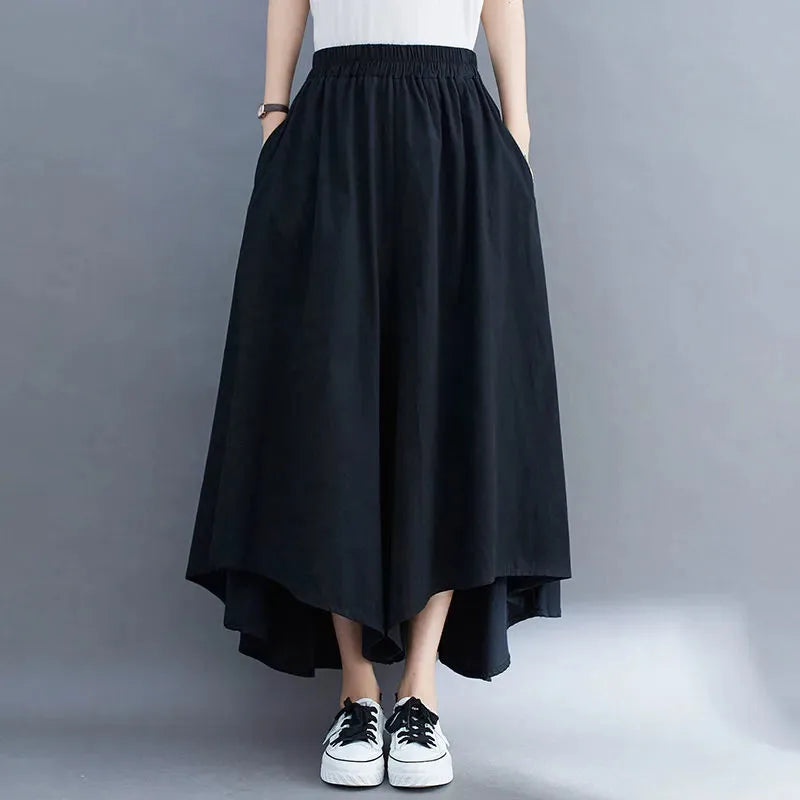 2023 Spring Summer New Plus Size Nine-Minute Pants Women Loose Fashion Pants Elastic Waist Wide Leg Pants Casual Pantskirt