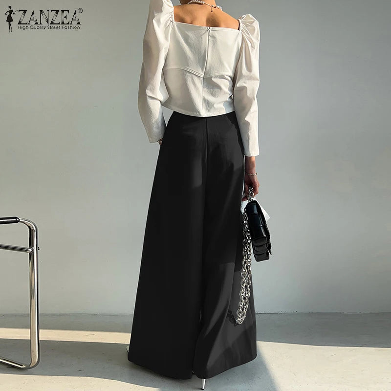 ZANZEA Elegant Long Pants Women Fashion High Waist Wide Leg Trousers Solid Vintage Loose Pleated Pantalon Female Work Palazzo