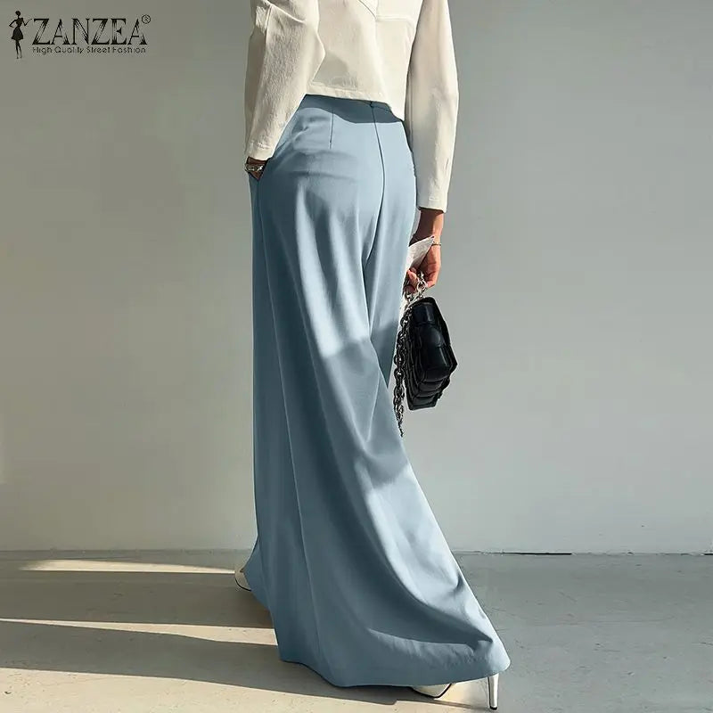 ZANZEA Elegant Long Pants Women Fashion High Waist Wide Leg Trousers Solid Vintage Loose Pleated Pantalon Female Work Palazzo