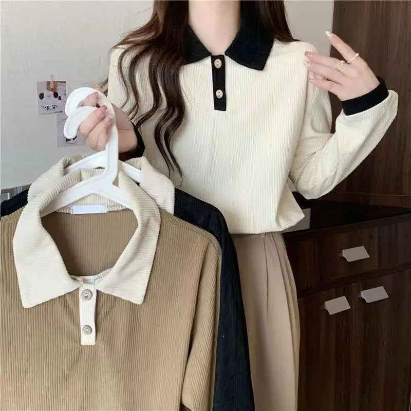 Casual Women T-shirts Korean Fashion Sweet Preppy Style Tops Female Autumn Long Sleeve Turn Down Collar Basic Pullovers Tees