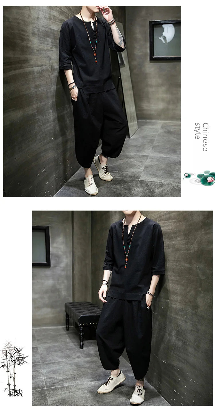 Men's Linen T-shirt Suit Chinese Style