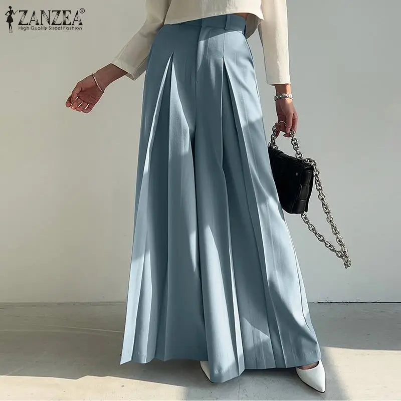 ZANZEA Elegant Long Pants Women Fashion High Waist Wide Leg Trousers Solid Vintage Loose Pleated Pantalon Female Work Palazzo