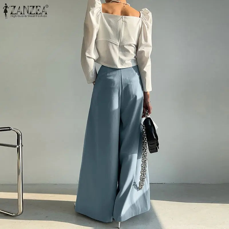 ZANZEA Elegant Long Pants Women Fashion High Waist Wide Leg Trousers Solid Vintage Loose Pleated Pantalon Female Work Palazzo