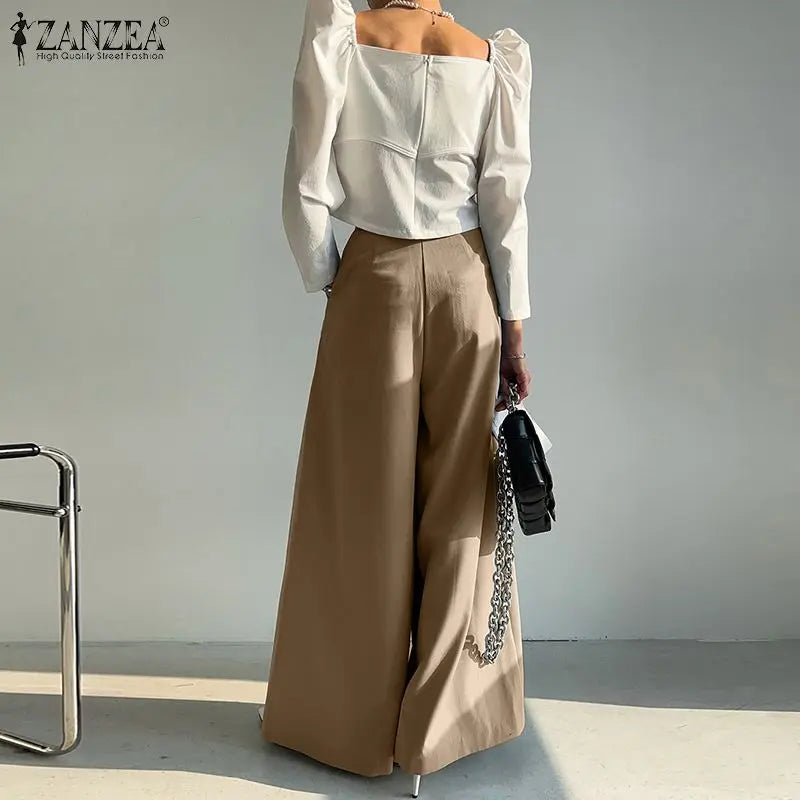 ZANZEA Elegant Long Pants Women Fashion High Waist Wide Leg Trousers Solid Vintage Loose Pleated Pantalon Female Work Palazzo