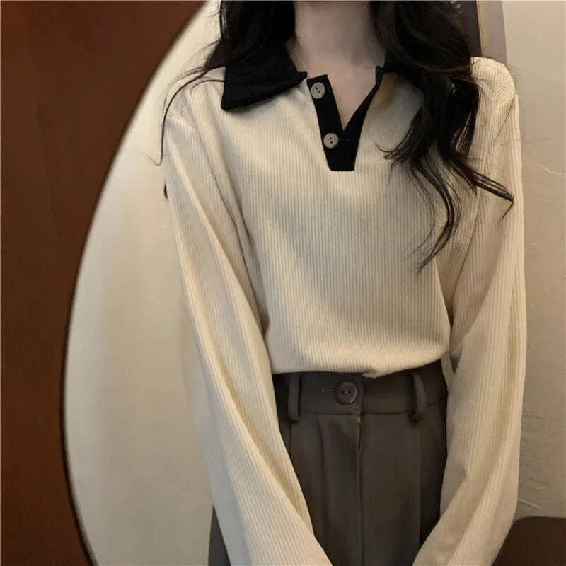 Casual Women T-shirts Korean Fashion Sweet Preppy Style Tops Female Autumn Long Sleeve Turn Down Collar Basic Pullovers Tees