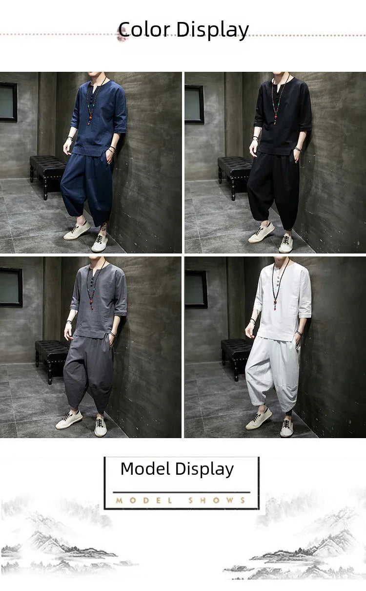 Men's Linen T-shirt Suit Chinese Style