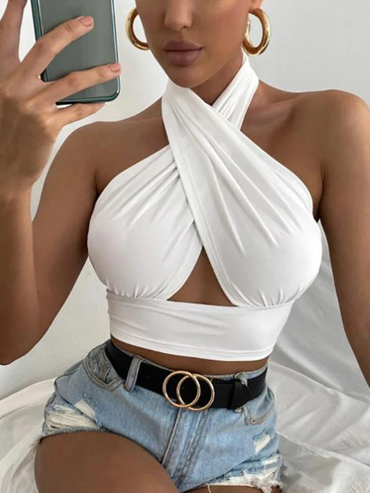 Women Summer Tank Tops Sexy Solid Color Cross Halter Neck Push Up Hollow Crop Tops High Street Wear 2024 New Fashion