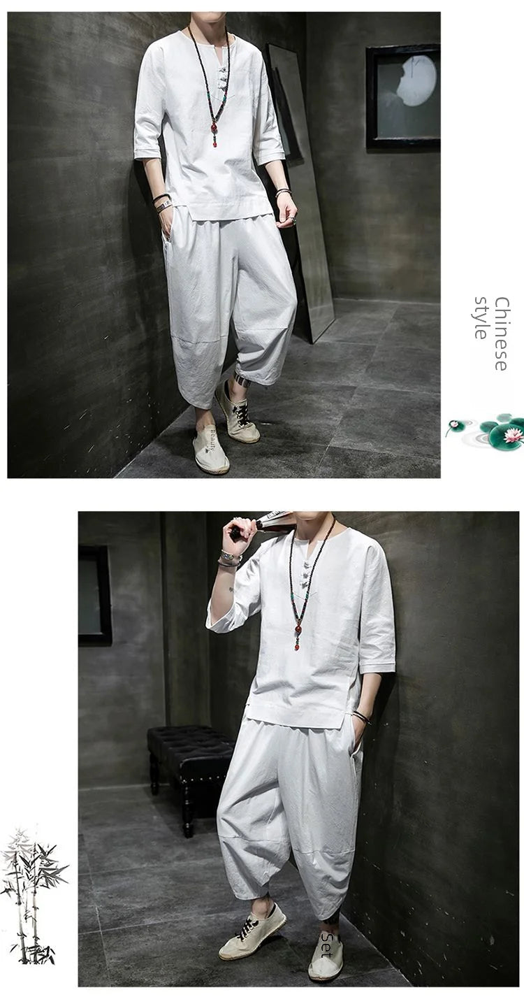 Men's Linen T-shirt Suit Chinese Style