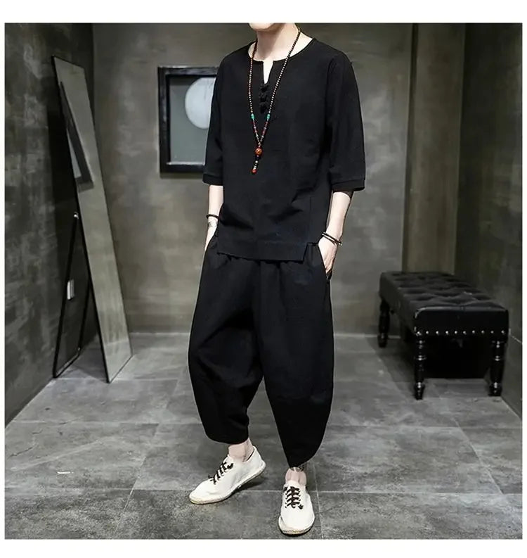 Men's Linen T-shirt Suit Chinese Style