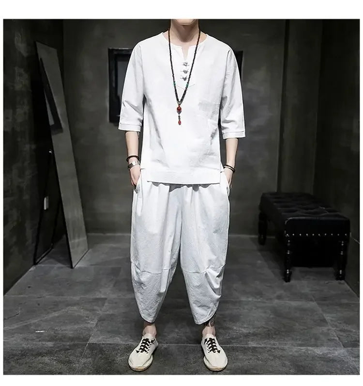 Men's Linen T-shirt Suit Chinese Style