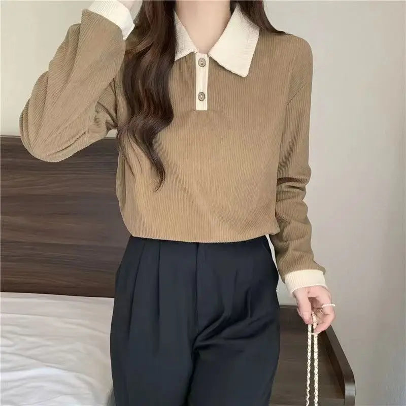 Casual Women T-shirts Korean Fashion Sweet Preppy Style Tops Female Autumn Long Sleeve Turn Down Collar Basic Pullovers Tees