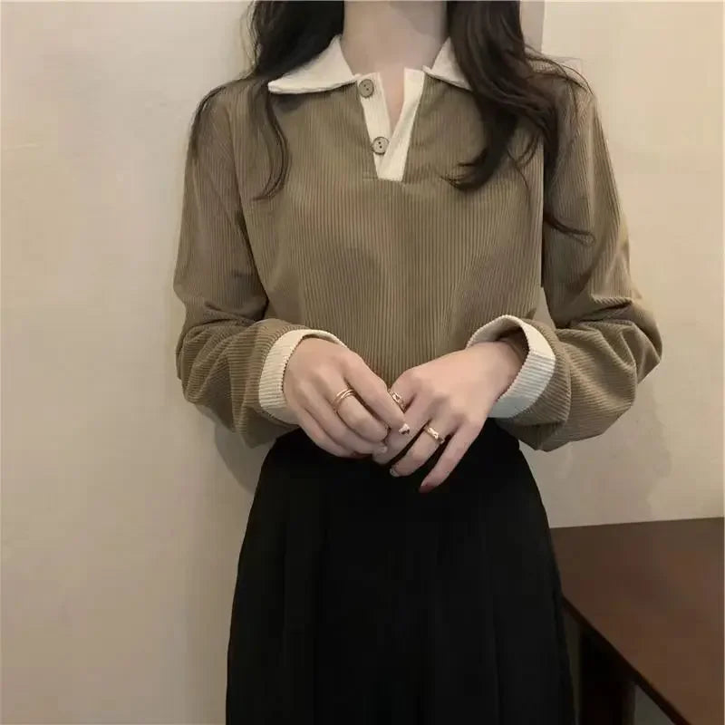 Casual Women T-shirts Korean Fashion Sweet Preppy Style Tops Female Autumn Long Sleeve Turn Down Collar Basic Pullovers Tees