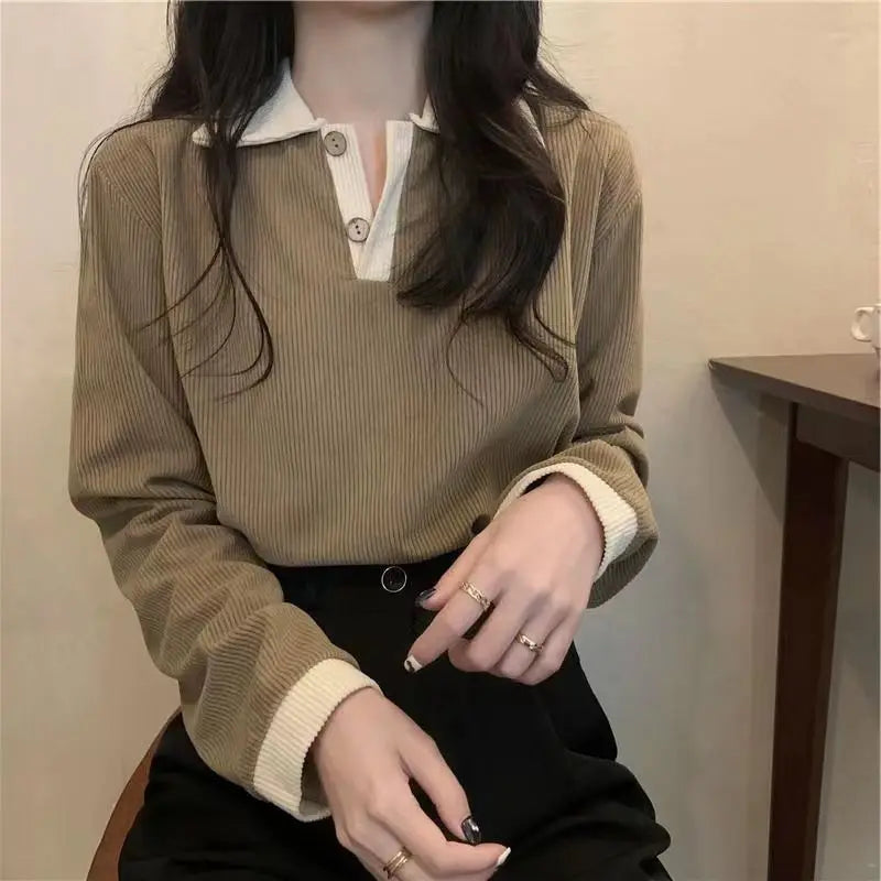 Casual Women T-shirts Korean Fashion Sweet Preppy Style Tops Female Autumn Long Sleeve Turn Down Collar Basic Pullovers Tees