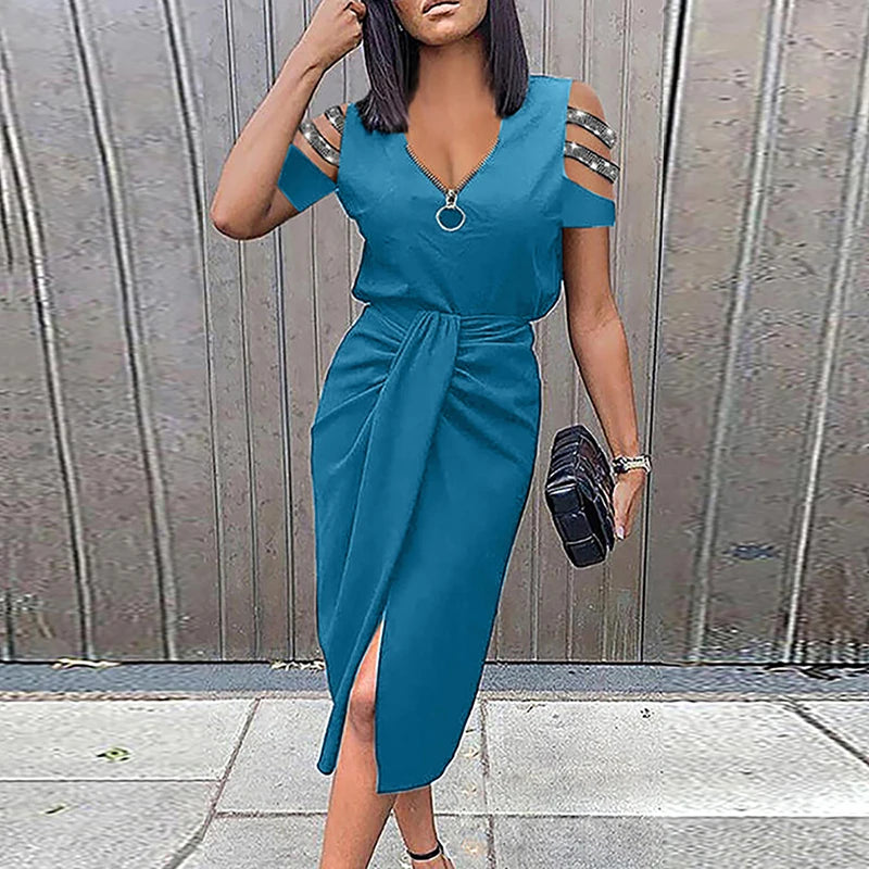 Women Elegant Zipper V Neck Solid Party Dress 2023 Spring Summer Short Hollow Out Sleeve Sexy Draped Dress Female Slim Mid Dress