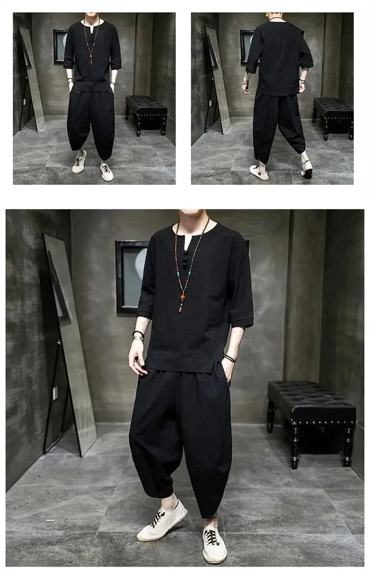 Men's Linen T-shirt Suit Chinese Style