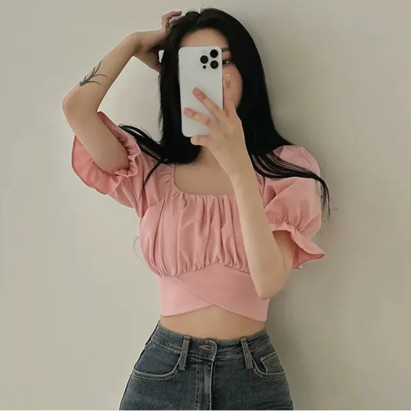 2024 Summer Lace Up Backless Top Elegant Youth Woman Tshirt Chic Korea Fashion Short Sleeve Tee Shirt Low Cut Sexy Solid T-shirt