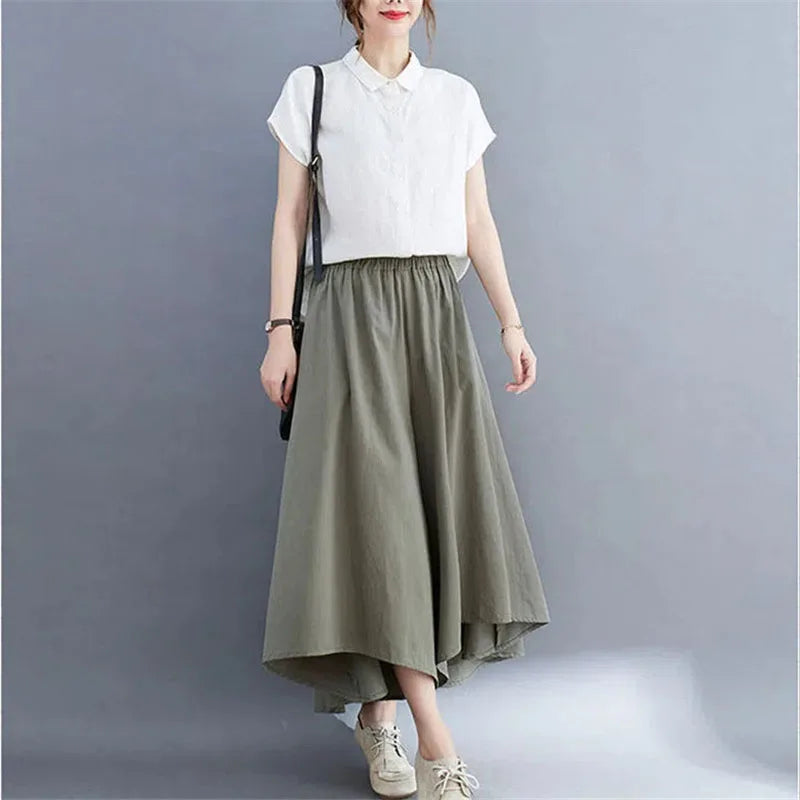 2023 Spring Summer New Plus Size Nine-Minute Pants Women Loose Fashion Pants Elastic Waist Wide Leg Pants Casual Pantskirt