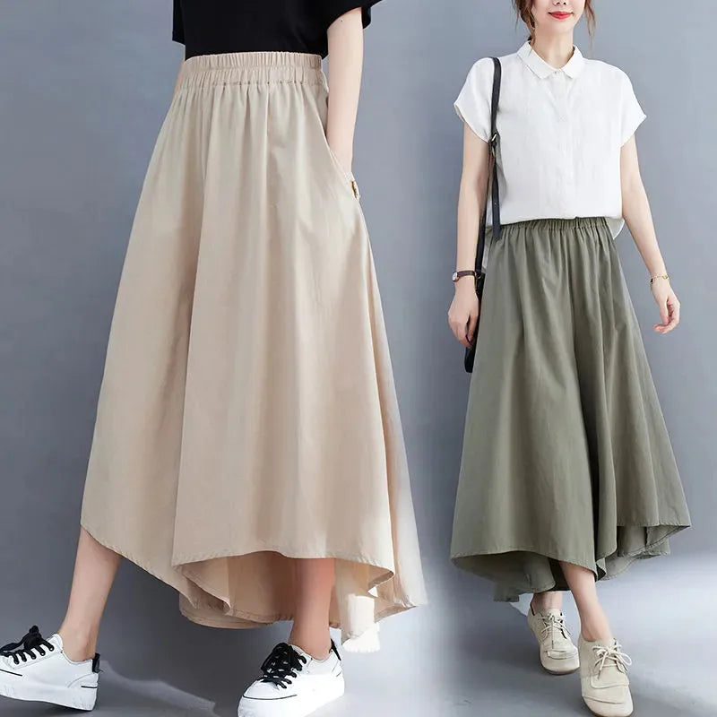 2023 Spring Summer New Plus Size Nine-Minute Pants Women Loose Fashion Pants Elastic Waist Wide Leg Pants Casual Pantskirt