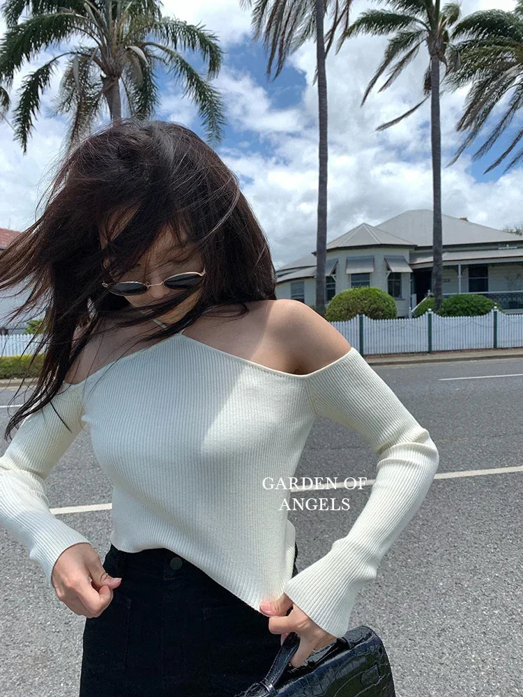 Women Crop Sweater Sexy Off The Shoulder Slim Knitted Sweater