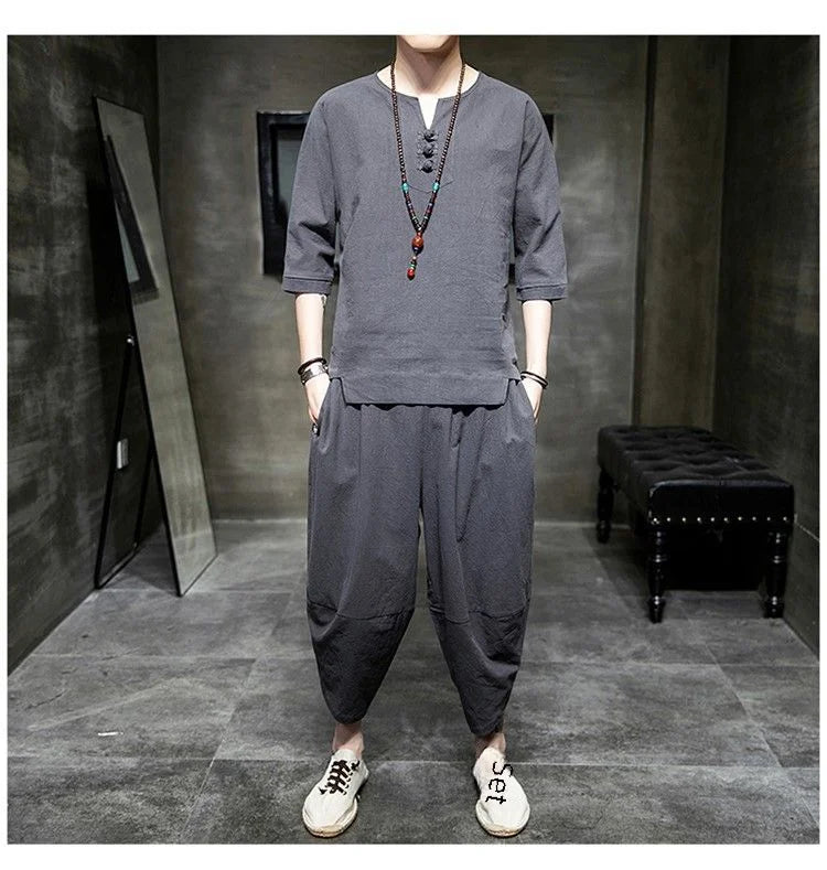 Men's Linen T-shirt Suit Chinese Style