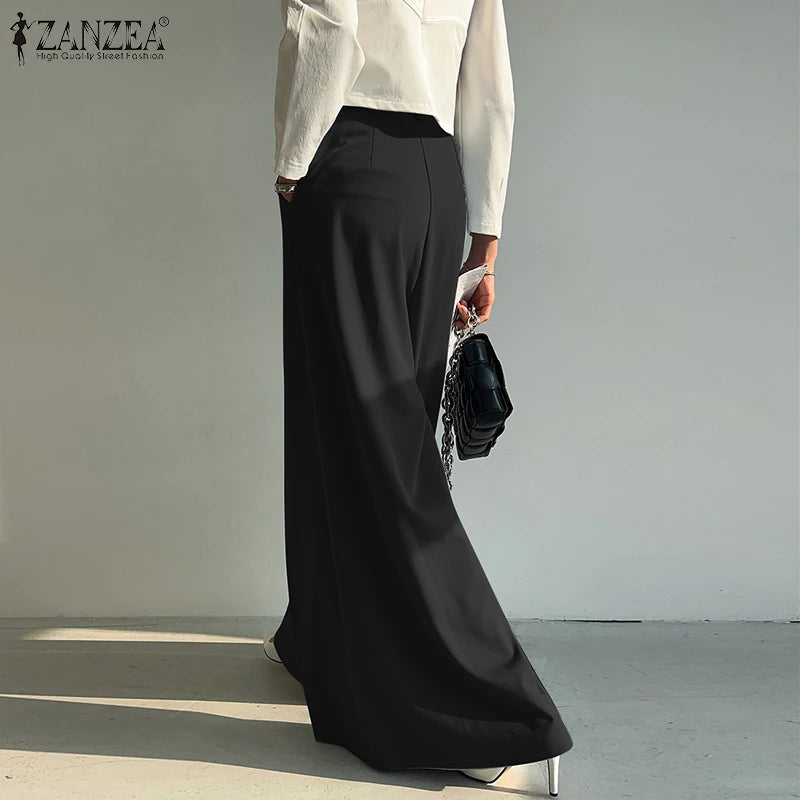 ZANZEA Elegant Long Pants Women Fashion High Waist Wide Leg Trousers Solid Vintage Loose Pleated Pantalon Female Work Palazzo