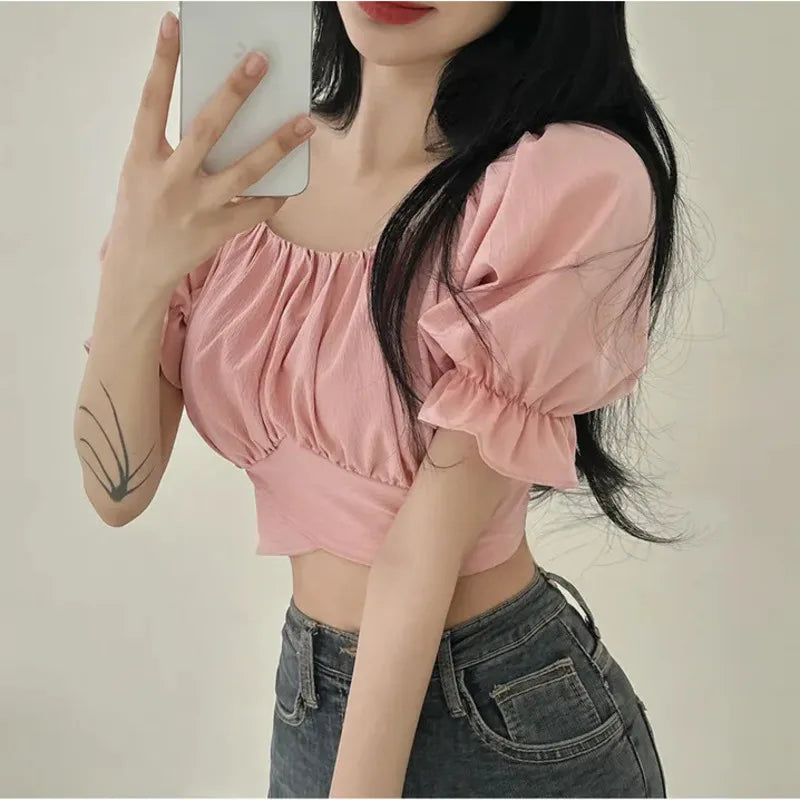 2024 Summer Lace Up Backless Top Elegant Youth Woman Tshirt Chic Korea Fashion Short Sleeve Tee Shirt Low Cut Sexy Solid T-shirt