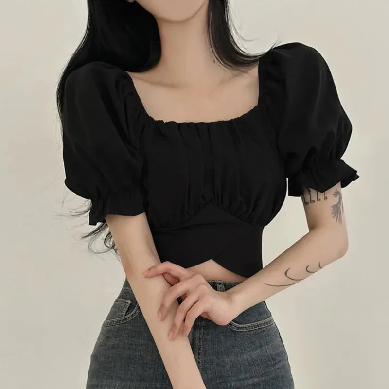 2024 Summer Lace Up Backless Top Elegant Youth Woman Tshirt Chic Korea Fashion Short Sleeve Tee Shirt Low Cut Sexy Solid T-shirt