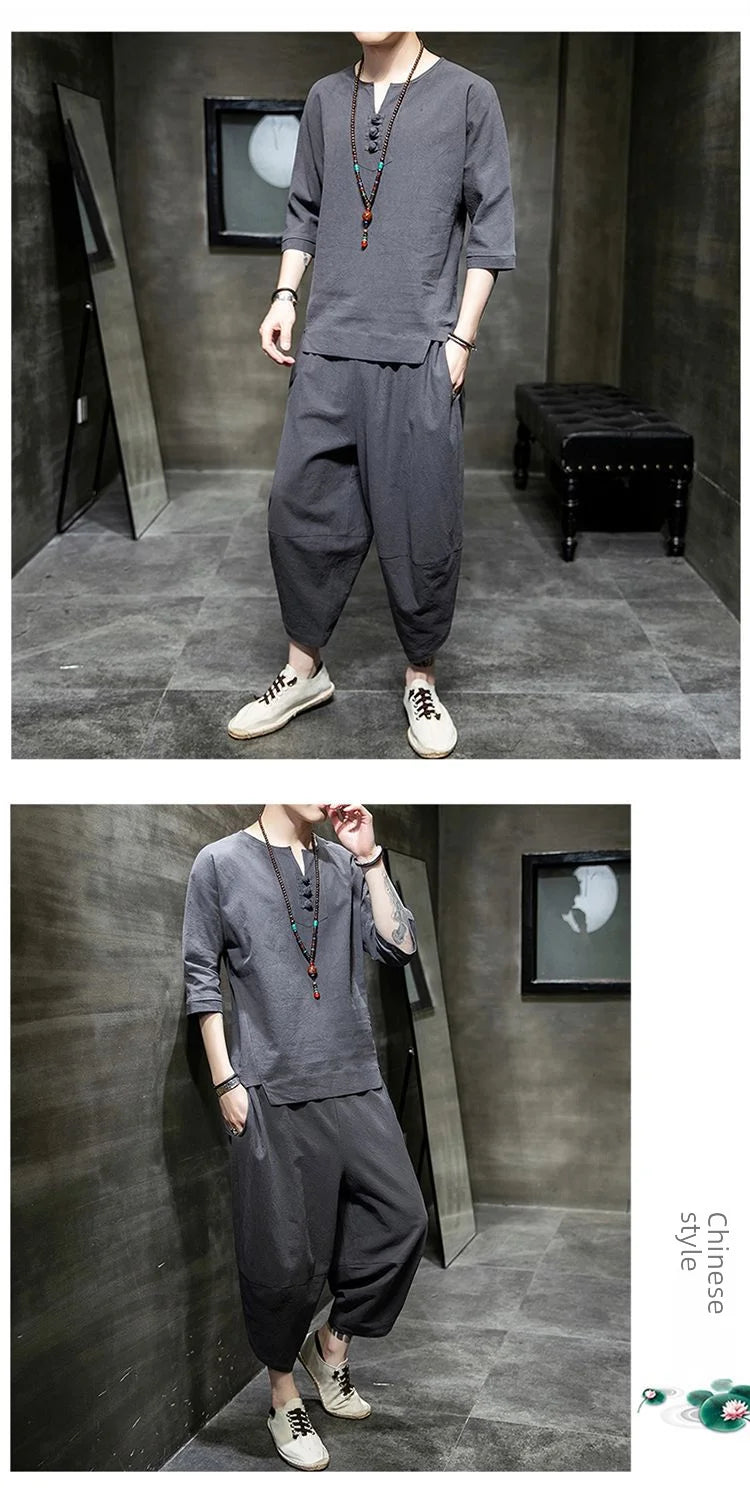 Men's Linen T-shirt Suit Chinese Style