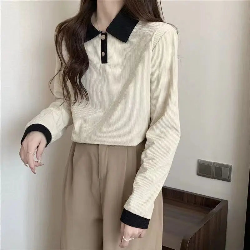 Casual Women T-shirts Korean Fashion Sweet Preppy Style Tops Female Autumn Long Sleeve Turn Down Collar Basic Pullovers Tees