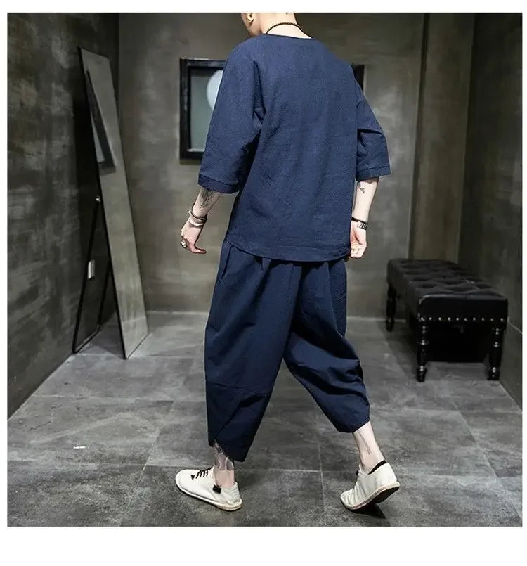 Men's Linen T-shirt Suit Chinese Style