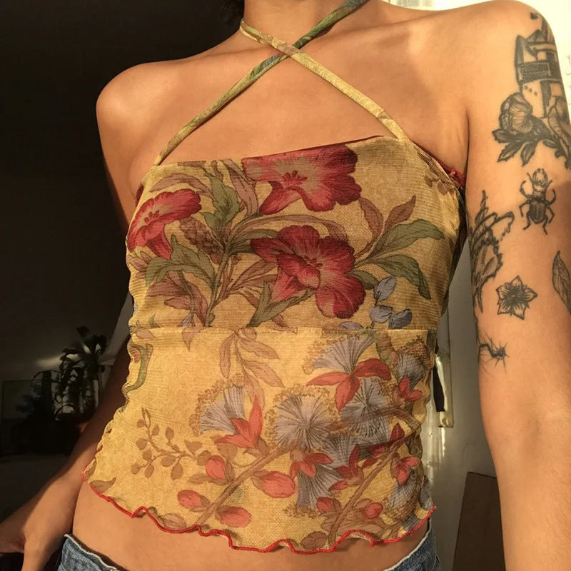 00s Floral Pattem Mesh Sheer Camis Hotsweet E-girl Slim Fit Backless Halter Tops Women Sleeveless Crop Top Vest Y2K Streetwear