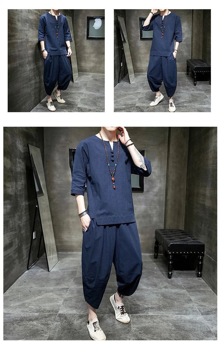 Men's Linen T-shirt Suit Chinese Style