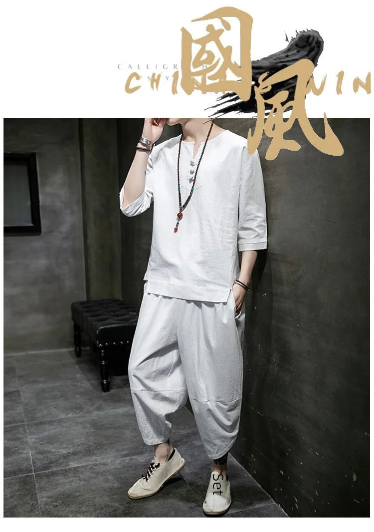 Men's Linen T-shirt Suit Chinese Style