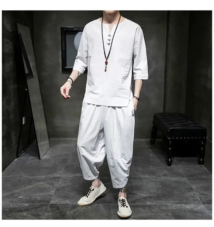 Men's Linen T-shirt Suit Chinese Style