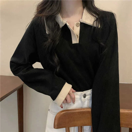 Casual Women T-shirts Korean Fashion Sweet Preppy Style Tops Female Autumn Long Sleeve Turn Down Collar Basic Pullovers Tees