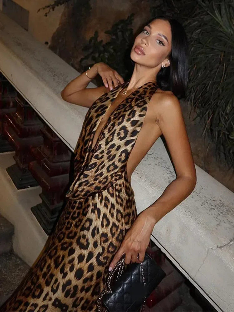 Sexy Backless Leopard Printed Hang-neck Dress